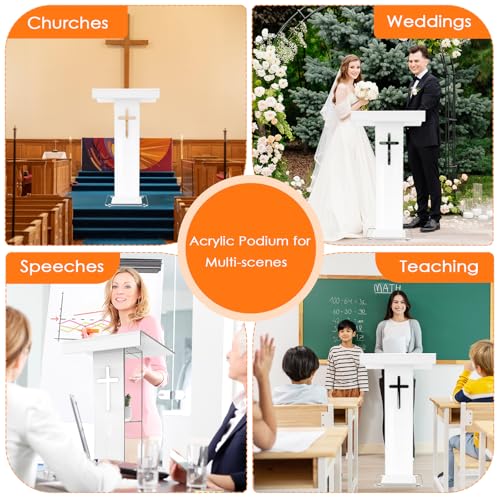 45.3in Acrylic Podium Lectern with Cross Design, Double Shelves - Easilywinlife