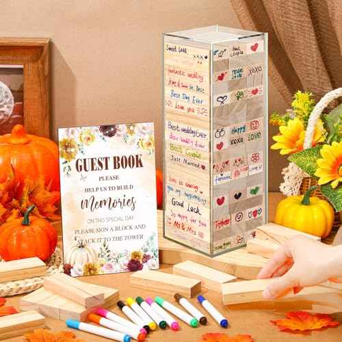 80 Pcs Wedding Guest Book Alternative Wooden Block Guest Book for Wedding Sign in Bridal Shower Decoration Wooden Block Bridal Shower Game for Sign in, Reception (Pumpkin)