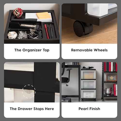 IRIS USA Plastic Drawer Storage Organizer Rolling Cart, with Wheels Casters, 3-Drawers, for Classroom Art Craft Supplies Dresser Closet Bathroom Laundry Room, Black/ Pearl