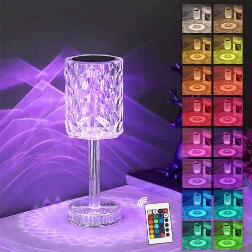 Portable Crystal LED Table Lamp, 3-Levels Brightness Desk Lamp, 3 Color Touch Control Rechargeable Lamp, Night Light, Bedside Lamp,Dining Room Lamp (16-Color)