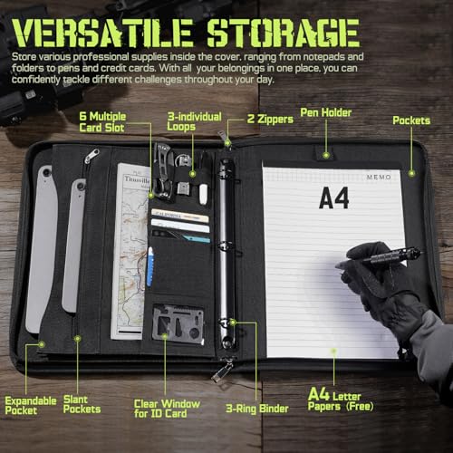 LIVANS Tactical Notebook Portfolio Padfolio Ring Binder with Zipper, Army Military Notebook Planner Contains 25 Sheets A4 Letter Paper and Detachable 3-Ring, Multi-Storage Handle Bag for Out-Work