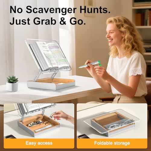 Book Stand with Storage, Book Holder for Reading Hands Free, Clear Acrylic Cookbook Stand for Kitchen Counter, Adjustable Reading Stand for Desk, Recipe Stand, Book Prop for Book Lovers