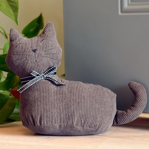 Kitty Cat Door Stops, Set of 2, Bow Collars, Grey and Brown Corduroy Fabric, Weighted, 11.75 Inches