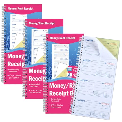 Rent Receipt Book 4-Pad Spiral Bound Carbonless 200 Sets Per Book 5-1/4 x 11 - Small Business Money & Rent Log