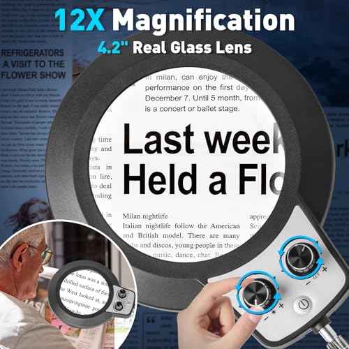 KIRKAS 12X Magnifying Glass with Light, KIRKAS Any Color Modes & Stepless Dimming LED Magnifying Lamp with Clamp, Hands Free Lighted Magnifier Glass Lens for Crafts Hobby Reading Painting Close Work