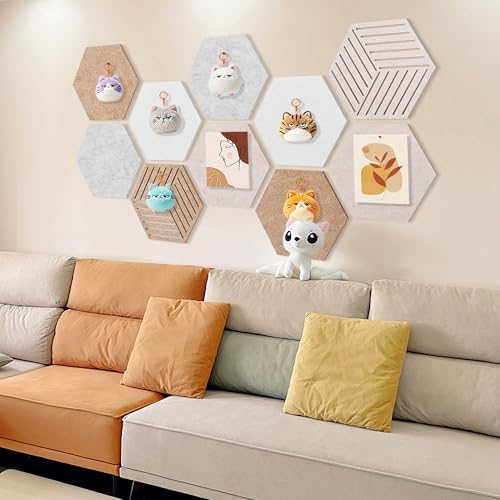 Hexagon Cork-Bulletin Board Tiles 10 Pack 12'' x 10'' Adhesive Small Cork Board Hexagon for Office Wall Decor, Cute Pinboard with 30 Push Pins
