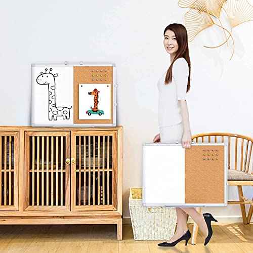 Magnetic White Board and Cork Board Combo, 24 X 18 inches Whiteboard Bulletin Combination Board, Wall Mounted Dry Erase Message Board for Home, School and Office