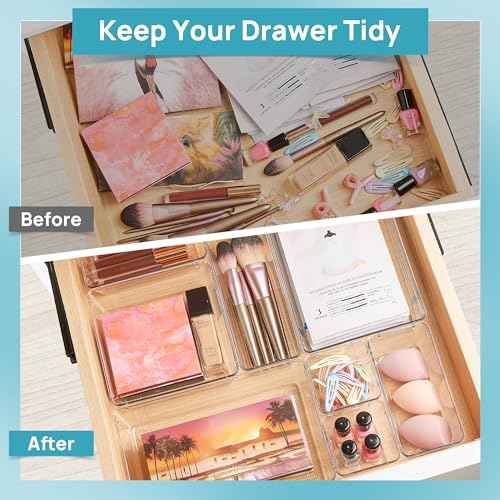 Vtopmart 44 PCS Clear Plastic Drawer Organizers Set, 4-Size Versatile Bathroom and Vanity Organizer Trays, Non-Slip Storage Containers for Makeup, Jewelries, Bedroom£¬Kitchen Utensils and Office