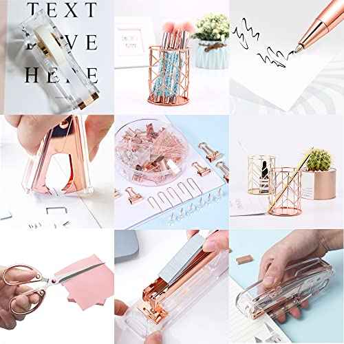 Famassi Rose Gold Desk Accessories£¬Office Supplies Set Acrylic Stapler Set Staple Remover, Tape Holder, 2 Ballpoint Pen, Scissor, Binder/Paper Clips and 1000pcs Staples.