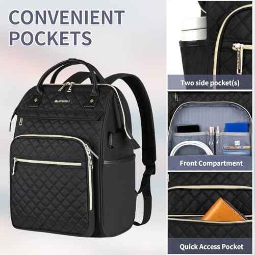 EMPSIGN 17 Inch Laptop Backpack for Women, Work Business Travel Computer College Bags, Large Capacity Water-repellent Quilted Casual Daypack with USB Port, Black