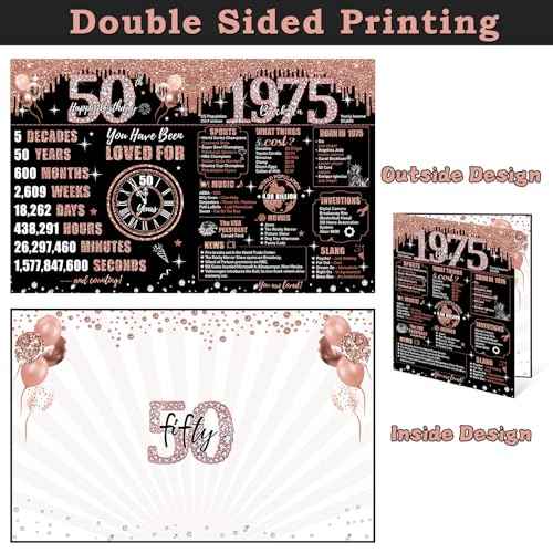 Large 50th Birthday Card for Women with Envelope, Black Rose Gold Happy 50th Birthday Guest Book Gifts Jumbo Fifty Greeting Card Back in 1975 Decorations Party Supplies
