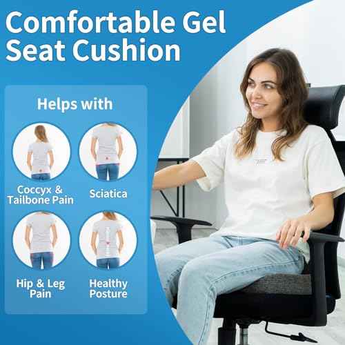 Seat Cushion for Long Sitting, Cooling Gel Memory Foam Seat Cushion - Back, Sciatica, Coccyx, Tailbone Pain Relief - for Office Chairs, Car Seat, Wheelchair Sitting Cushion (Black)