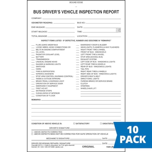 J. J. Keller DVIR Bus Driver Vehicle Inspection Report Set – 5.5 x 8.125, 10-pack