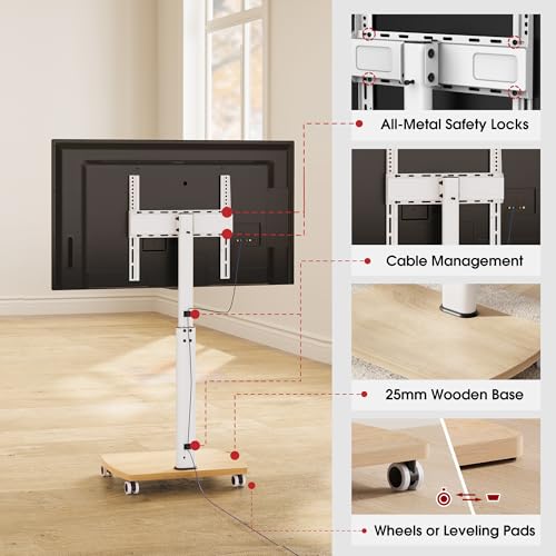 Rolling TV Stand for 32 37 43 50 55 60 65 Inch TVs, Portable Mobile TV Stand on Wheels, 8-Level Height Adjustable TV Cart with Swivel & Tilt Mount for Bedroom/Living Room/Office/Corner
