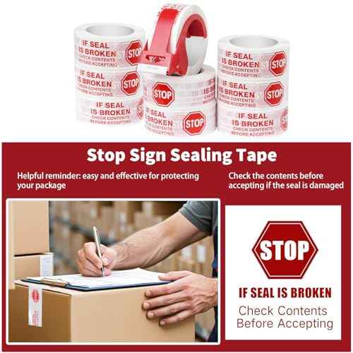 12 Rolls Security Tamper Proof Tape with Tape Dispenser 2 Inch x 110 Yards x 2 Mil Pre Printed Stop Sign Sealing Tape for Moving Heavy Duty Packing