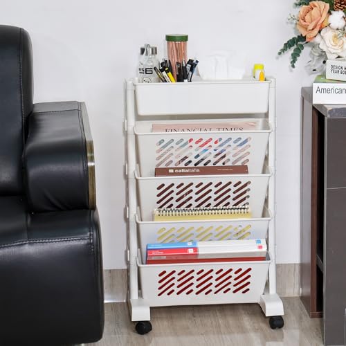 Plastic 5-Tier Rolling Book Cart Storage Utility Shelf