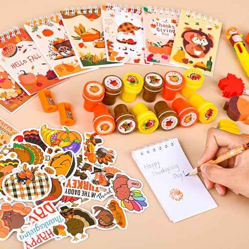 247 Pcs Thanksgiving Return Gifts for Birthday, Student Stationery Gifts from Teacher, Classroom Gifts Pencil Erasers Notesbook Stickers for Thanksgiving Classroom Birthday Goodie Bags Rewards Prizes
