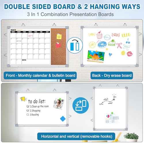 Calendar Whiteboard for Wall, 24" x 18" Double Sided Monthly Dry Erase Board Calendar for Office, Home, School, Hanging Cork Board White Board Combo, Portable Magnetic Dry Erase Planner Board