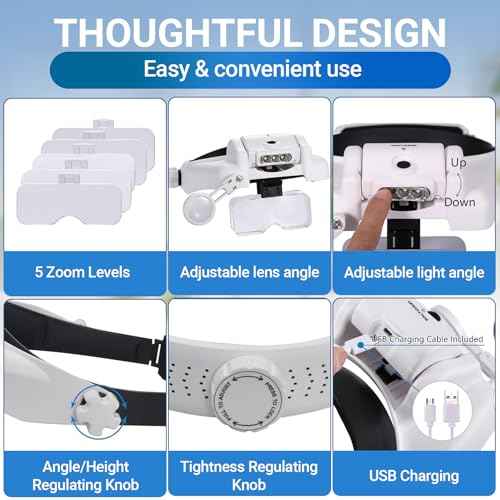 YOCTOSUN LED Headband Magnifier, Rechargeable Illuminated Magnifying Visor -1X to 14X Zoom, Hands Free Head Mounted Magnifying Glasses with Lights for Close Work, Sewing, Crafts, Jewelry, Watch Repair