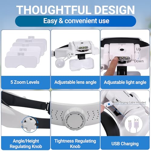 YOCTOSUN Headband Magnifier 1X-14X with Storage Case - Rechargeable LED Light, 6 Lenses, Hands-Free Jewelry & Crafts