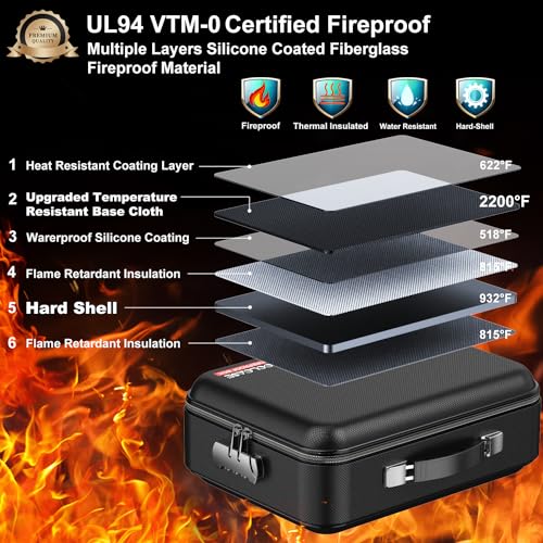 15x11x5 Inch Fireproof Document Box with Lock - Black, UL-94 VTM-0 Certified Safe Organizer