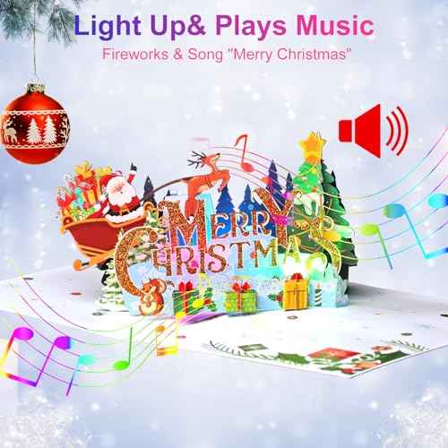 Merry Christmas Cards, Light and Music Christmas Card, 3D Pop Up Xmas Greeting Card for Women Men Kids Husband Wife Mom Dad Daughter