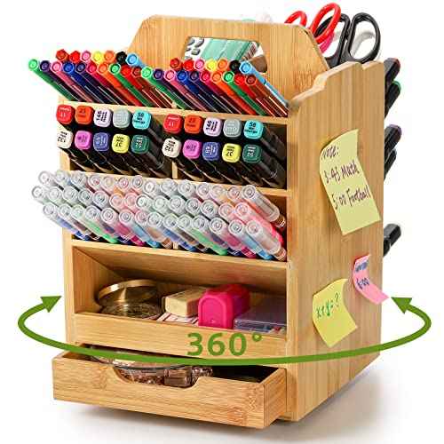 SOUJOY Bamboo Pen Holder Organizer, 360¡ÆRotating Art Supply Storage Caddy, Hold 400+ Pencils, 15 compartments Office Desk Stand Box with Handle for Marker Pens, Colored Pencil, Art Brushes