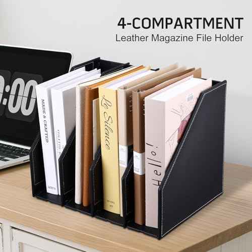 GORESE Collapsible Magazine File Holder, PU Leather Vertical File Folder Organizer for Desk with 4 Compartments, Magazine Holder Binder Storage Clipboard Rack File Sorter for Office Home School, Black