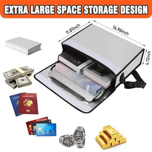 Fire Proof File Box for Documents with Shoulder Strap 5200¢µ Insulated,14.9"x11.8"x4.7"Fireproof Document Bag with Reflective Strip,Fireproof Box for Money,Valuables,Jewelry(Silver)