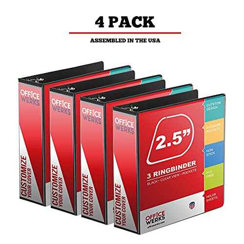 Performore 3 Ring Binder, Professional Angle D 2.5 Inch, Presentation Folder for Standard Pages 8.5 x 11 with Pockets, Crystal Clear View Black Binder (4 Pack)