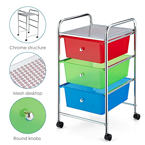 Julimoon 3 Drawer Rolling Storage Cart, Multipurpose Storage Organizer Cart with Wheels, Mobile Utility Cart for Garage Office Home Kitchen Tools (Rainbow)