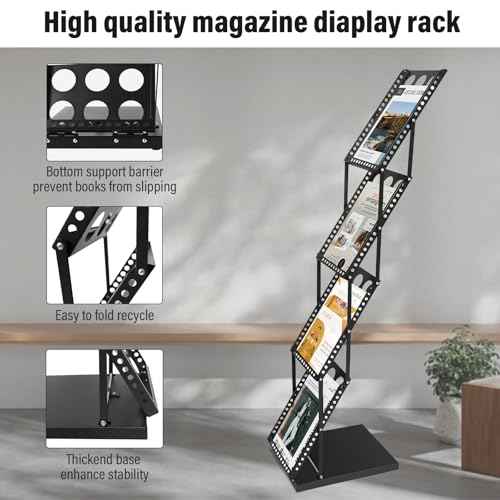 LIWSHWZ Foldable Literature Brochure Display Stand,4 Pocket Magazine Rack Floor with Carrying Bag for Trade Show Exhibitions Office,Trade Shows, Offices (Black)
