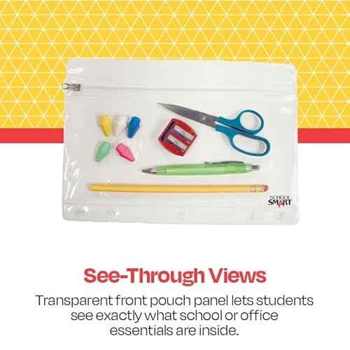 School Smart Zippered Ring Binder Pouches, 7 x 10 Inches, Clear and White Vinyl, Pack of 24