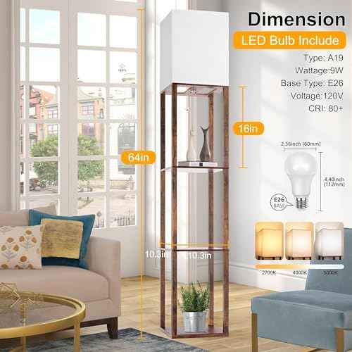 Floor Lamp with Shelves, Modern Wood Standing Shelf Lamp with 3 CCT LED Bulb and White Shade for Living Room Bedroom and Office Deco-Brown