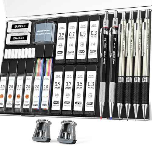 Four Candies 27PCS Art Mechanical Pencil Set with Case, 4PCS Metal Drawing Pencil 0.3, 0.5, 0.7, 0.9 mm & 2PCS 2mm Lead Holder (HB 2H 2B 4B Color) with 552 Graphite Lead Refills for Drawing Sketching