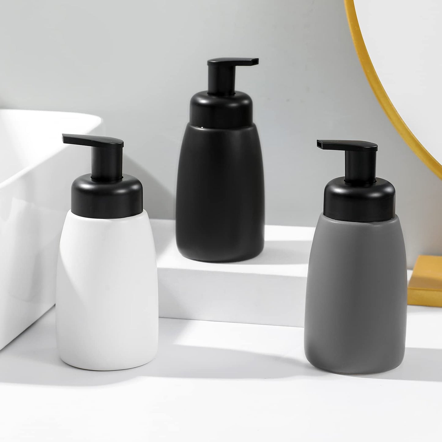 Foaming Hand Soap Dispenser Ceramic Jar Foam Dish Soap Dispenser for Bathroom and Kitchen Sink, Liquid Pump Bottle for Shampoo, Body Wash, Hand Soap, Black