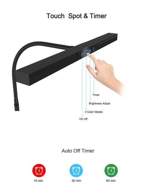 ANINO Piano Light for Upright Piano,55'' Wide Illumination Area,Gooseneck Adjustable Height&Direction,3 Light Modes Dimmable, Timer Eye Care LED Piano Lamp with Steady Base Music Stand Light, Black