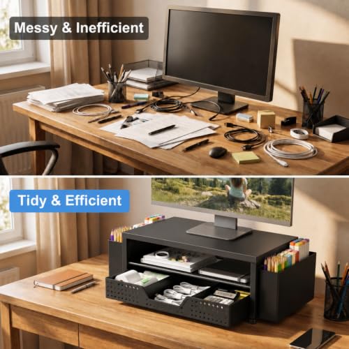ECOLOVI Black 2-Tier Monitor Stand with Drawer & Pen Holders for Office Desk