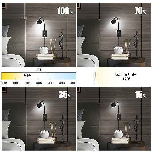 Touch Dimmable LED Wall Mounted Bedside Reading Light, Black Flexible LED Wall Reading Lamp for Nightstand in Bedroom, 120¡Æ Wide Angle Neutral White Lighting, with 5V2A USB Output Port