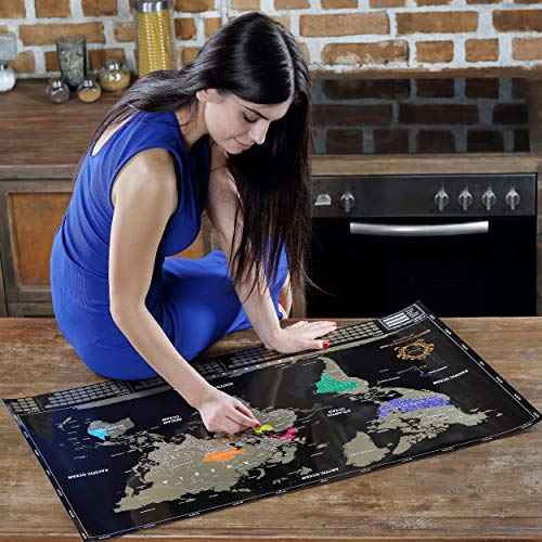 Detailed Scratch off World Map Poster - XL - Black and Gold Scratchable World Map - Glossy, Laminated Travel Poster - Full Accessories Kit - Best Gift Scratch off Map of the World By Divalis