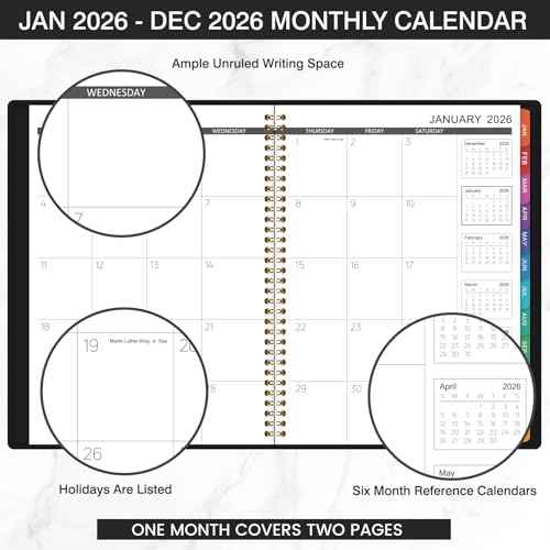 Artfan 2026 Monthly Planner - 2026 Planner, Jan. 2026 - Dec. 2026, 2026 Calendar Monthly Planner, 12-Month with Colorful Tabs, 8.86" x 11.4", Saffiano Leather, Black Leather