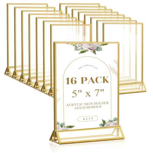 Smarpau Gold Acrylic Sign Holder 5x7, Double-Sided Display Stand, Clear Picture Frames/Flyer Holder/Menu Holder/Table Number for Wedding, Home, Offices(16Pcs)