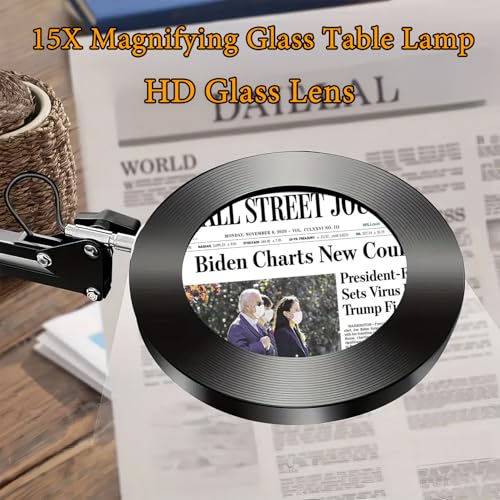 15X Magnifying Glass with Light ? Real Glass Lens, 3 Color Modes & Adjustable Brightness ? 2-in-1 Desk Lamp with Clamp & Heavy Base ? Flexible Swing Arm ? Ideal for Crafts, Reading, Repair, Seniors