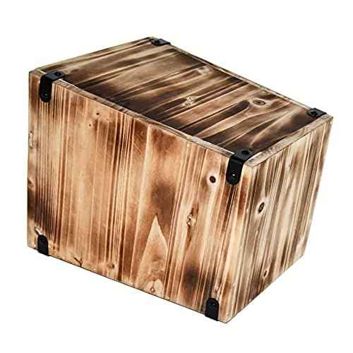 Owlgift Decorative Rustic Burnt Wood Trash Can, Farmhouse Stylish Wooden Waste Basket Near Desk, Square Garbage Cans Trashcan with Metal Brackets for Office, Bedroom & Bathroom
