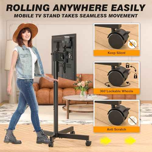 5Rcom Strong Tall Rolling TV Stand for 23-65 Inch TVs up to 88 lbs, Height Adjustable &Tilt Mobile TV Cart for Optimal Viewing Angle, Portable TV Stand with Locking Silent Wheels for Home and Outdoor