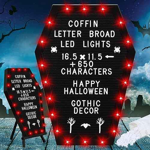 Sintuff Coffin Letter Board with Stand Built in LED Lights, 620 Characters, Halloween Style Changeable Spooky Gothic Letter Board Decor for Home, Office, Bistro(Red LED Light)