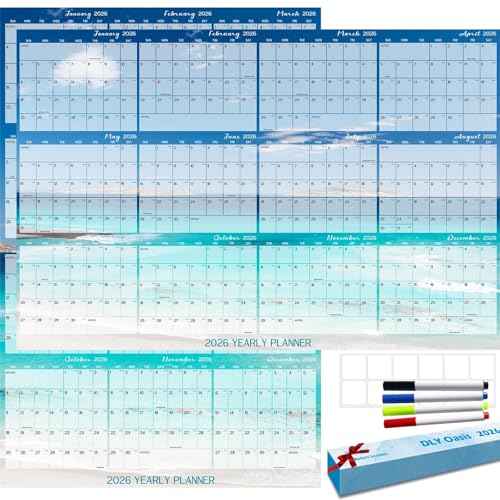32" x 48" 2026 Wall Calendar Dry Erase - Large Beach Wall Calendar Wet & Dry Erasable Laminated 12 Month Annual Yearly Planner, Reversible, Horizontal/Vertical, Blue