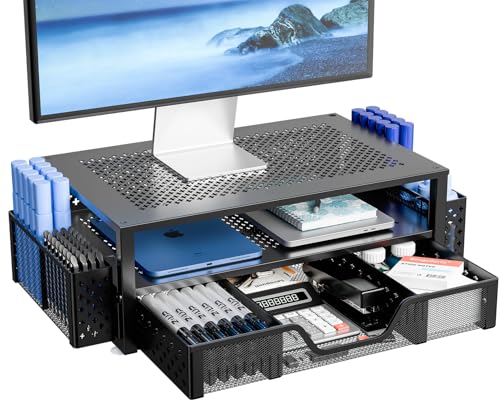 Simple Trending 20" W x 10" D Black Monitor Stand with Drawer & 2-Tier Design