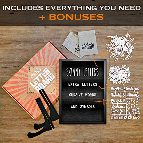 12x17 Inch Black Felt Letter Board Sign with White Skinny Pre-Cut Letters and Frame - Includes Wall Hooks & Stand