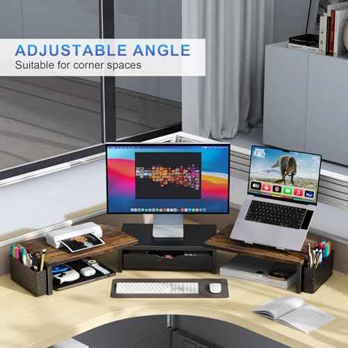 gianotter Dual Monitor Stand Riser, Desk Organizer With Drawer and 2 Pen Holders,Computer Monitor Stand, Desk Shelf for Top of Desk, Wood